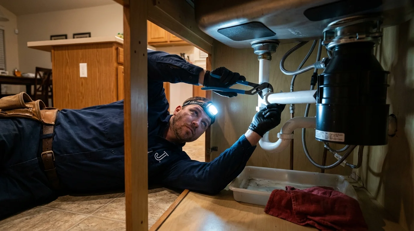P-trap and supply line connections under a kitchen sink showing a common leak point in Azusa, CA